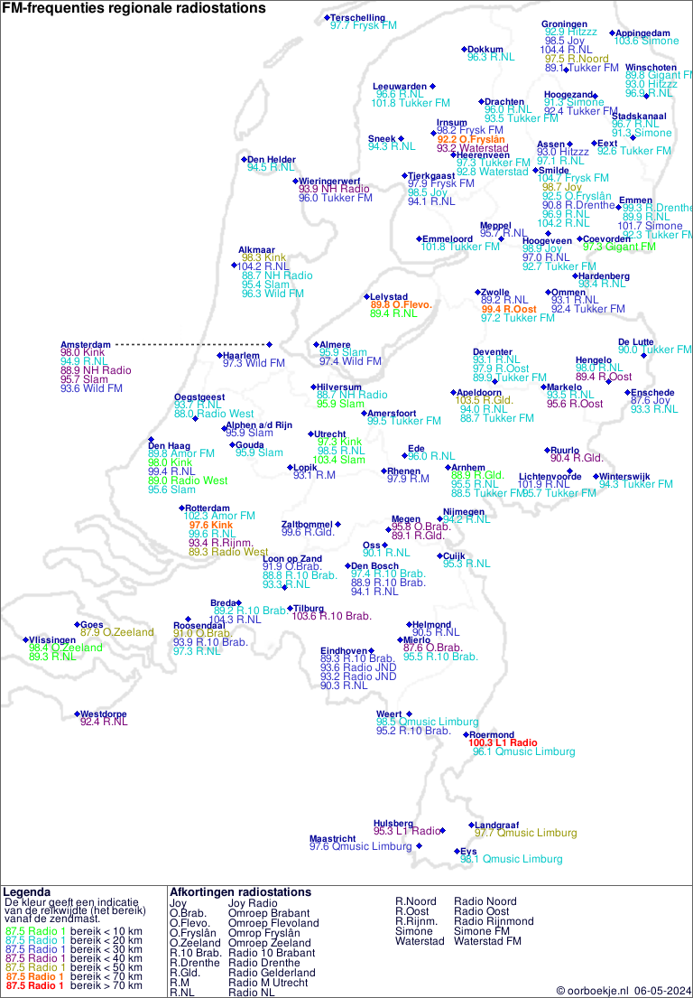 Kaart met alle FM-frequenties van regionale radiostations
