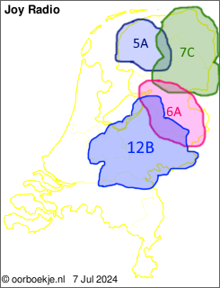 in Friesland op kanaal 5A
in Groningen en Drenthe op kanaal 7C
in Overijssel op kanaal 6A
in Utrecht en Gelderland op kanaal 12B