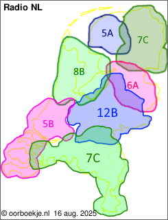 in Friesland op kanaal 5A
in Groningen en Drenthe op kanaal 7C
in Overijssel op kanaal 6A
in Utrecht en Gelderland op kanaal 12B
in Noord-Brabant en Limburg op kanaal 7C
in Noord-Holland en Flevoland op kanaal 8B
in Zuid-Holland en Zeeland op kanaal 5B 