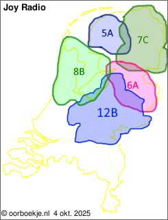 in Friesland op kanaal 5A
in Groningen en Drenthe op kanaal 7C
in Overijssel op kanaal 6A
in Utrecht en Gelderland op kanaal 12B
in Noord-Holland en Flevoland op kanaal 8B