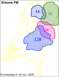 in Friesland op kanaal 5A
in Groningen en Drenthe op kanaal 7C
in Overijssel op kanaal 6A
in Utrecht en Gelderland op kanaal 12B