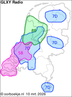 in Noord-Holland en Flevoland op kanaal 8B
in Zuid-Holland en Zeeland op kanaal 5B 
in de Randstad, Midden-Brabant, rondom Smilde, rondom Markelo en in het zuiden van Limburg op kanaal 7D