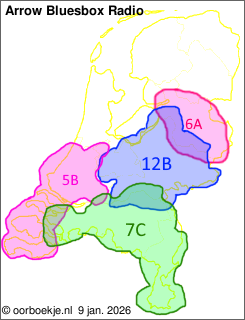 in Overijssel op kanaal 6A
in Utrecht en Gelderland op kanaal 12B
in Noord-Brabant en Limburg op kanaal 7C
in Zuid-Holland en Zeeland op kanaal 5B 