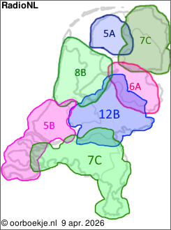 in Friesland op kanaal 5A
in Groningen en Drenthe op kanaal 7C
in Overijssel op kanaal 6A
in Utrecht en Gelderland op kanaal 12B
in Noord-Brabant en Limburg op kanaal 7C
in Noord-Holland en Flevoland op kanaal 8B
in Zuid-Holland en Zeeland op kanaal 5B 