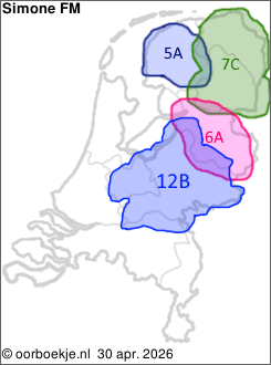 in Friesland op kanaal 5A
in Groningen en Drenthe op kanaal 7C
in Overijssel op kanaal 6A
in Utrecht en Gelderland op kanaal 12B