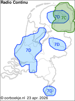 in Groningen en Drenthe op kanaal 7C
in de Randstad, Midden-Brabant, rondom Smilde, rondom Markelo en in het zuiden van Limburg op kanaal 7D