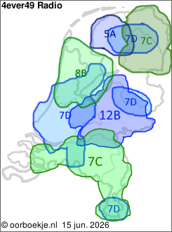 in Friesland op kanaal 5A
in Groningen en Drenthe op kanaal 7C
in Utrecht en Gelderland op kanaal 12B
in Noord-Brabant en Limburg op kanaal 7C
in Noord-Holland en Flevoland op kanaal 8B
in de Randstad, Midden-Brabant, rondom Smilde, rondom Markelo en in het zuiden van Limburg op kanaal 7D