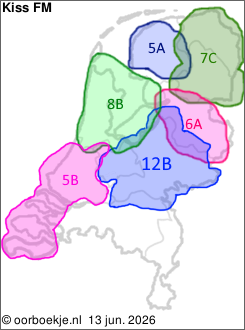 in Friesland op kanaal 5A
in Groningen en Drenthe op kanaal 7C
in Overijssel op kanaal 6A
in Utrecht en Gelderland op kanaal 12B
in Noord-Holland en Flevoland op kanaal 8B
in Zuid-Holland en Zeeland op kanaal 5B 