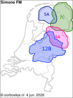 in Friesland op kanaal 5A
in Groningen en Drenthe op kanaal 7C
in Overijssel op kanaal 6A
in Utrecht en Gelderland op kanaal 12B