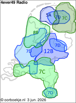 in Friesland op kanaal 5A
in Groningen en Drenthe op kanaal 7C
in Utrecht en Gelderland op kanaal 12B
in Noord-Brabant en Limburg op kanaal 7C
in Noord-Holland en Flevoland op kanaal 8B
in de Randstad, Midden-Brabant, rondom Smilde, rondom Markelo en in het zuiden van Limburg op kanaal 7D