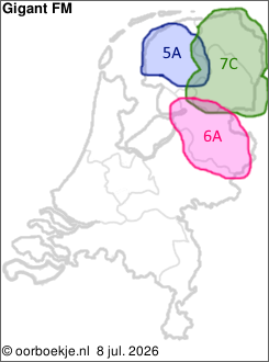 in Friesland op kanaal 5A
in Groningen en Drenthe op kanaal 7C
in Overijssel op kanaal 6A