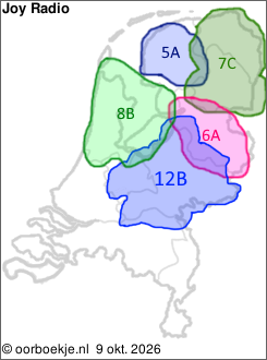 in Friesland op kanaal 5A
in Groningen en Drenthe op kanaal 7C
in Overijssel op kanaal 6A
in Utrecht en Gelderland op kanaal 12B
in Noord-Holland en Flevoland op kanaal 8B