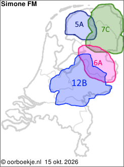 in Friesland op kanaal 5A
in Groningen en Drenthe op kanaal 7C
in Overijssel op kanaal 6A
in Utrecht en Gelderland op kanaal 12B
