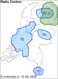 in Groningen en Drenthe op kanaal 7C
in de Randstad, Midden-Brabant, rondom Smilde, rondom Markelo en in het zuiden van Limburg op kanaal 7D