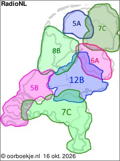 in Friesland op kanaal 5A
in Groningen en Drenthe op kanaal 7C
in Overijssel op kanaal 6A
in Utrecht en Gelderland op kanaal 12B
in Noord-Brabant en Limburg op kanaal 7C
in Noord-Holland en Flevoland op kanaal 8B
in Zuid-Holland en Zeeland op kanaal 5B 