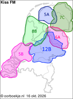in Friesland op kanaal 5A
in Groningen en Drenthe op kanaal 7C
in Overijssel op kanaal 6A
in Utrecht en Gelderland op kanaal 12B
in Noord-Holland en Flevoland op kanaal 8B
in Zuid-Holland en Zeeland op kanaal 5B 